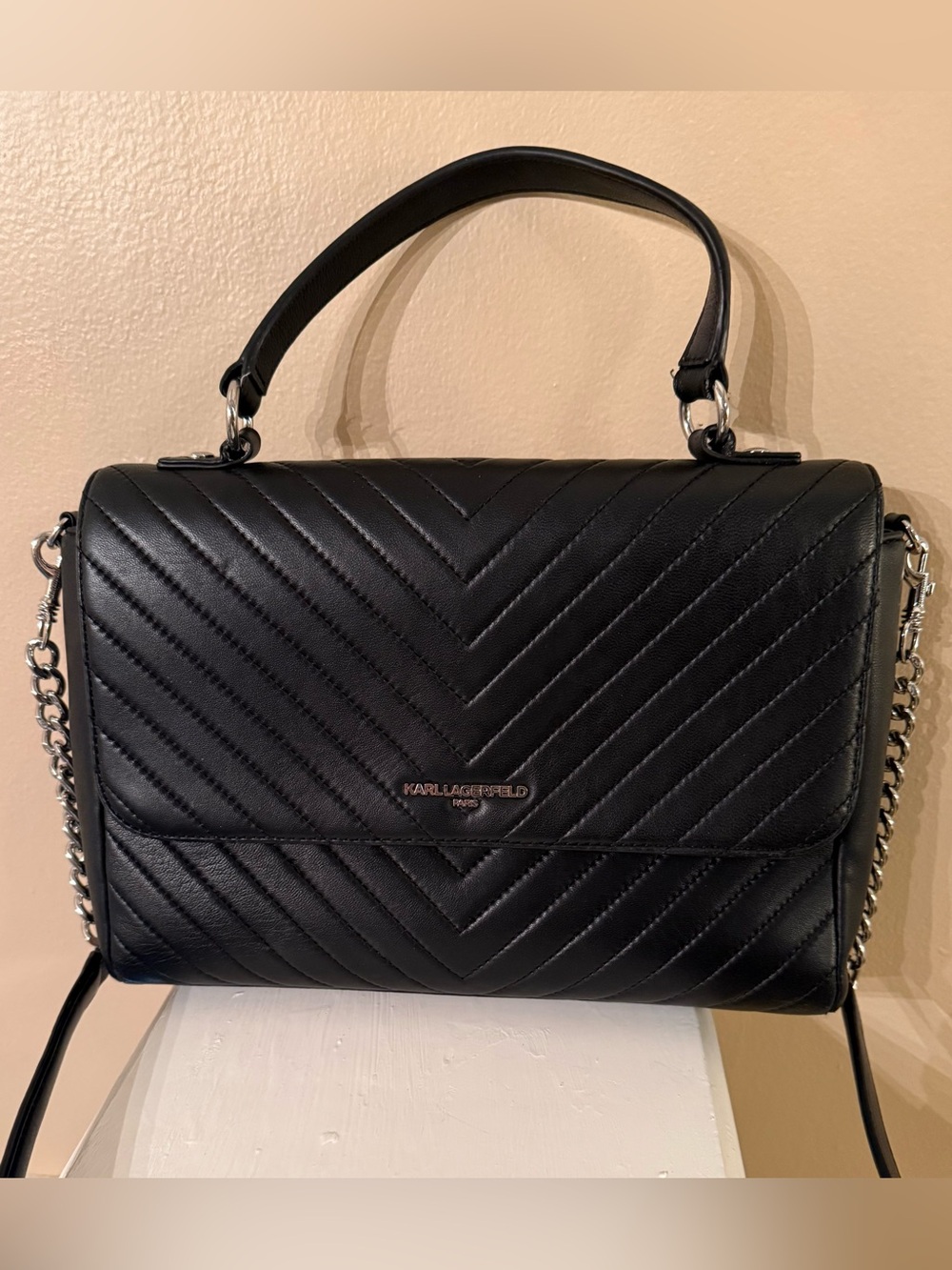 Karl Lagerfeld Charlotte Black Quilted Top-Handle Satchel with Chain Strap NWOT - Picture 3 of 17